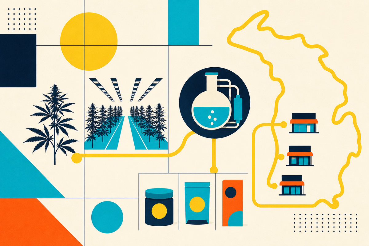 Abstract Swiss-style illustration of cultivation, extraction, packaged cannabis products and stores connected across Michigan