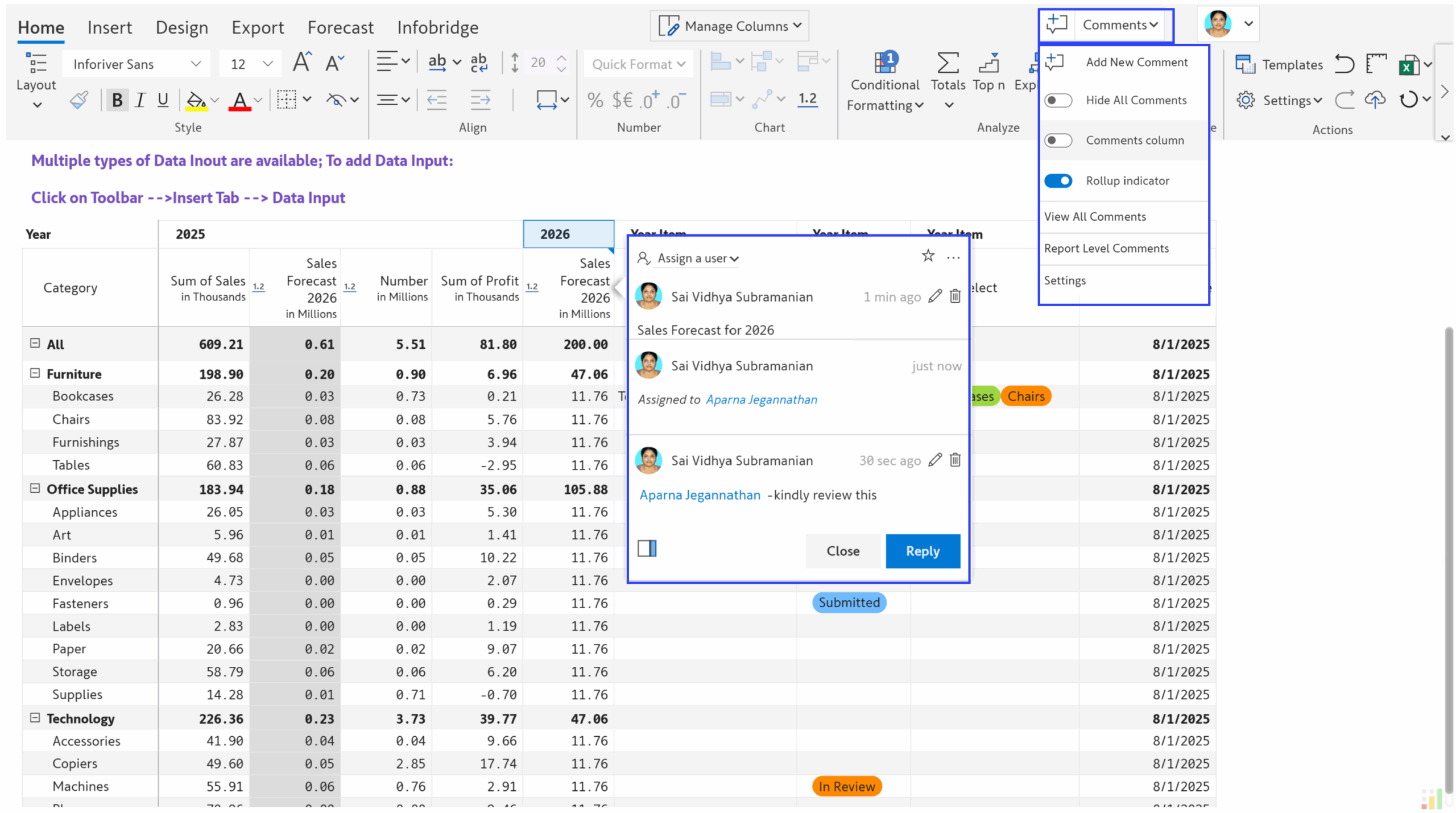 Inforiver Writeback Matrix demonstration with a comments panel for collaborative discussions