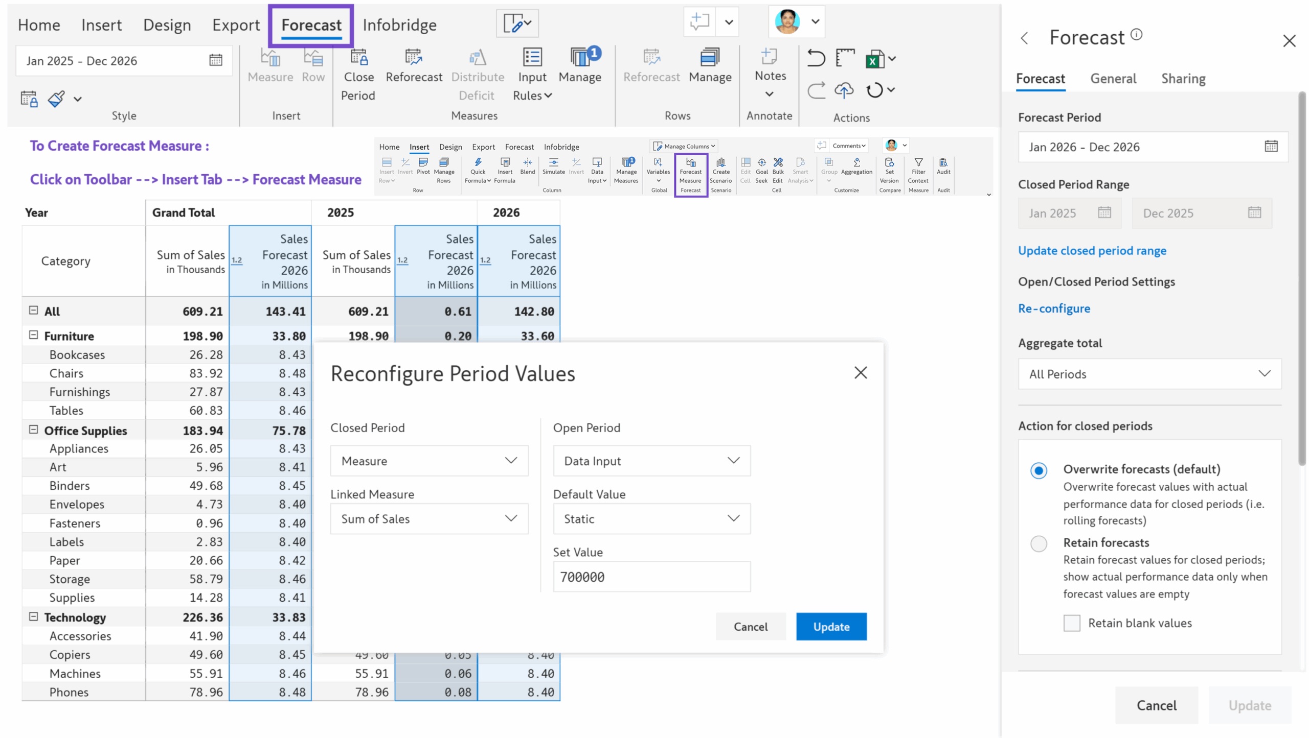 Inforiver Writeback Matrix product screenshot showing forecast period and forecast configuration controls in Power BI