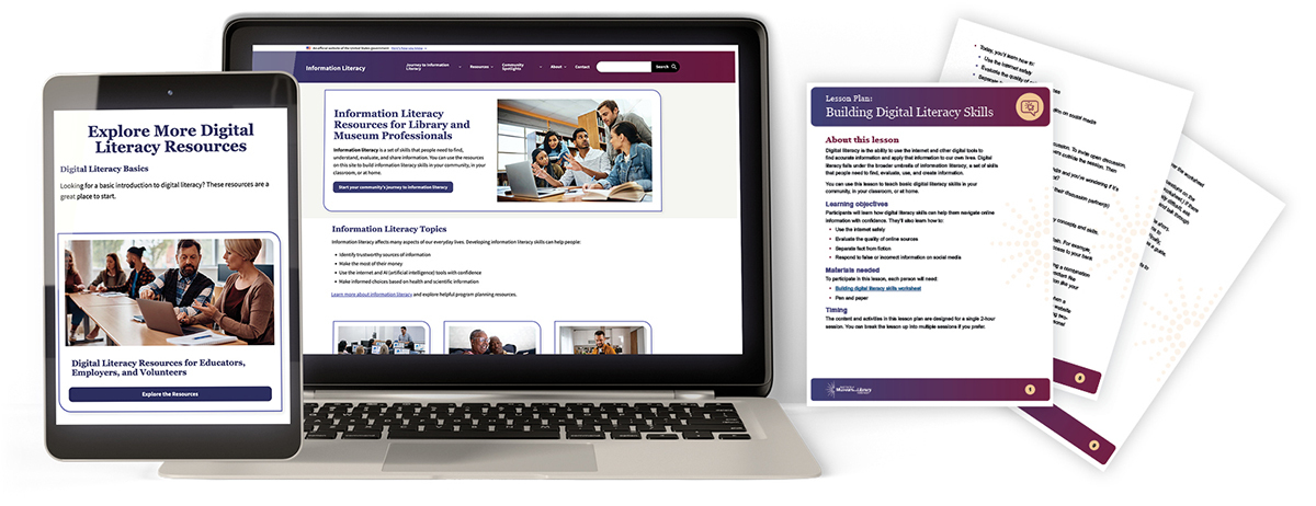 InformationLiteracy.gov website and lesson-plan materials displayed on digital devices
