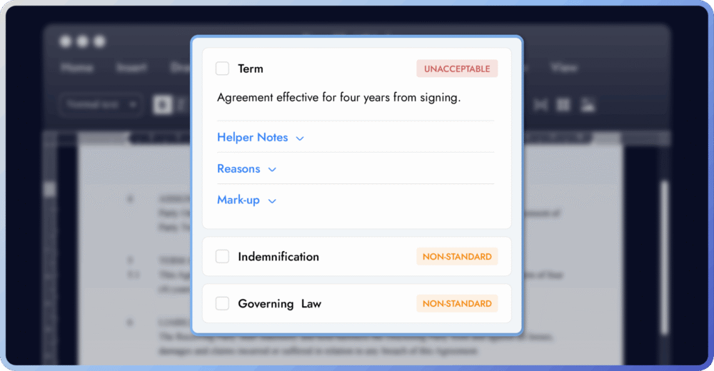 Luminance checklist marking term, indemnification and governing law positions as unacceptable or non-standard