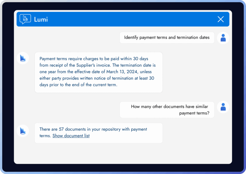 Ask Lumi answering questions about payment terms and similar documents in a repository