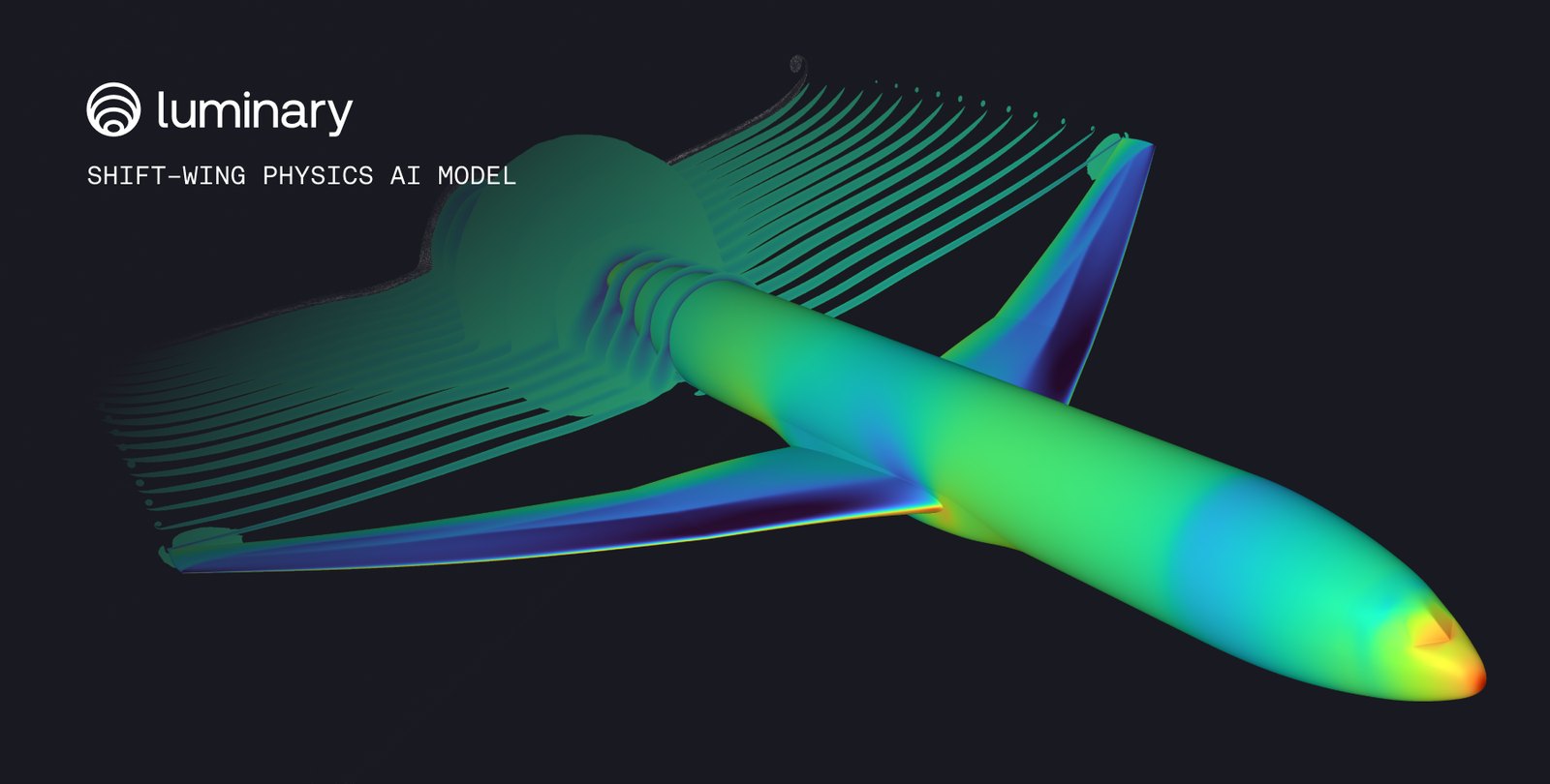 Luminary SHIFT-Wing visualization showing aerodynamic flow and pressure around an aircraft shape