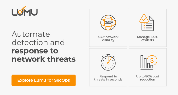 Lumu SecOps product graphic showing network visibility, alert management, response speed and cost reduction