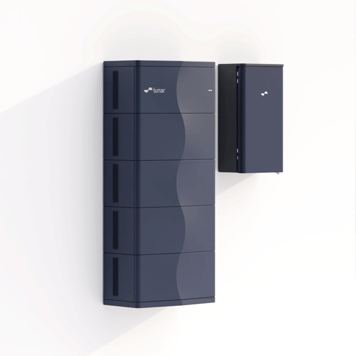 A modular Lunar home battery mounted on a white wall