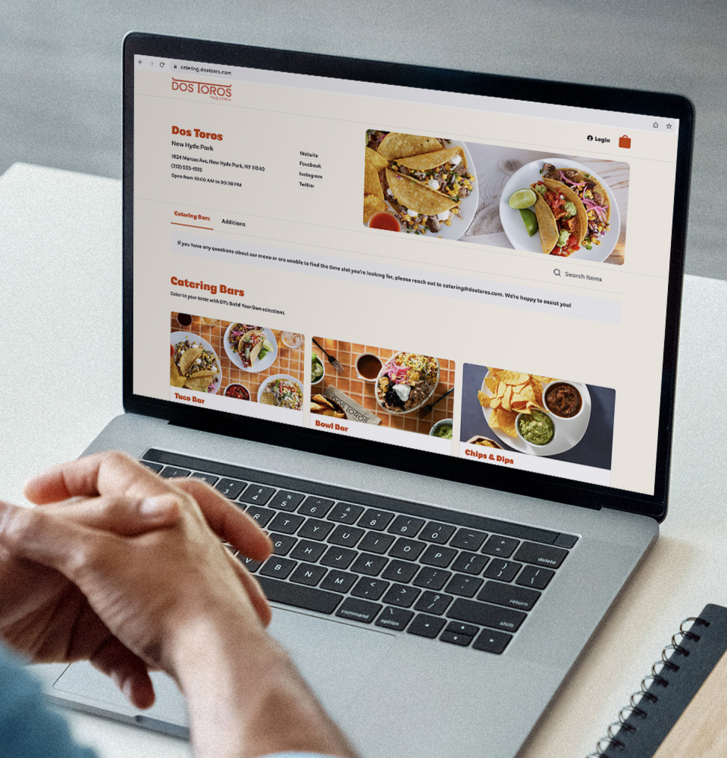 Dos Toros catering ordering page displayed on a laptop
