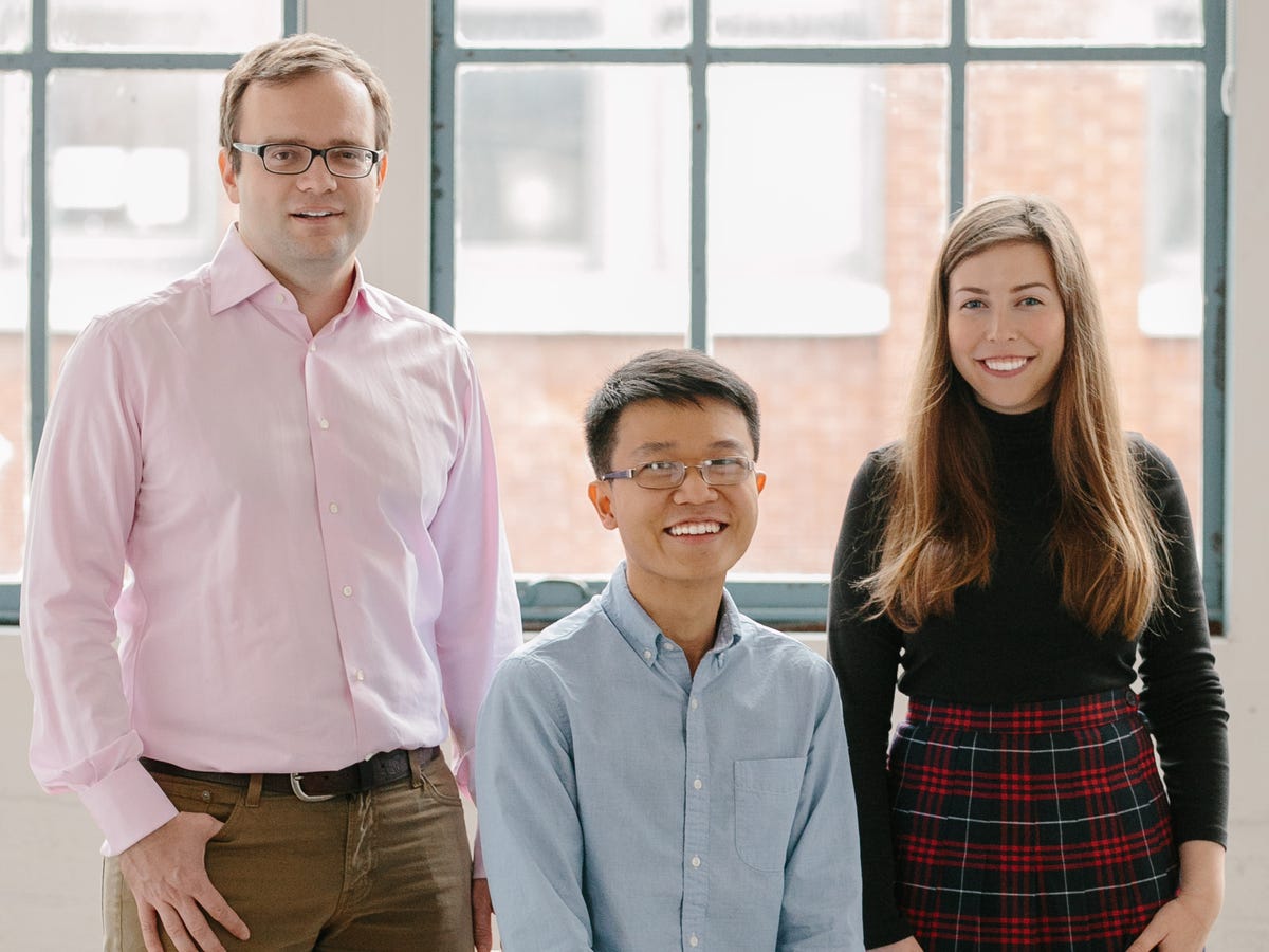 Lunchclub co-founders Vladimir Novakovski, Scott Wu and Hayley Leibson together in an office