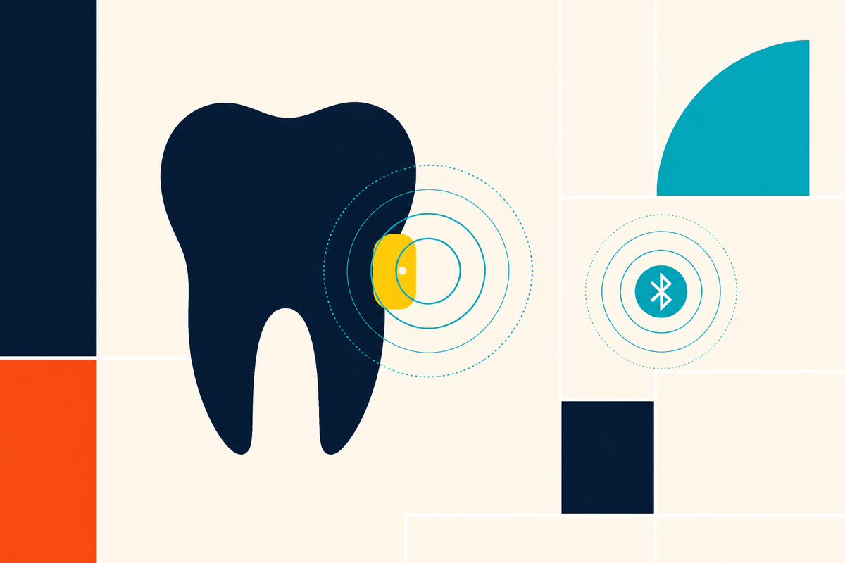 Abstract Swiss-style illustration of a tiny sensor beside a tooth with signal rings