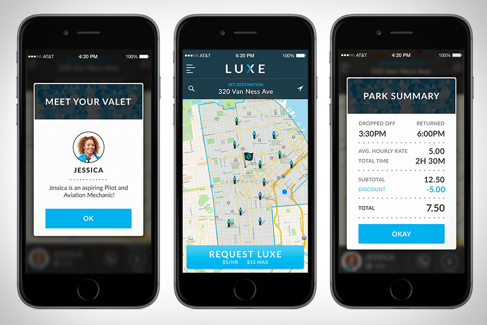Three period screenshots of the Luxe mobile app showing the valet, request map and parking bill