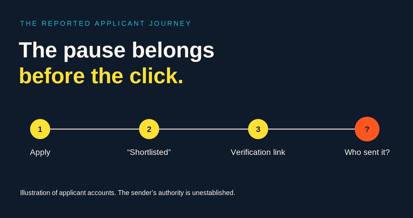 Editorial diagram of the sequence applicants reported: application, shortlisted message, verification link, then the question of sender identity.