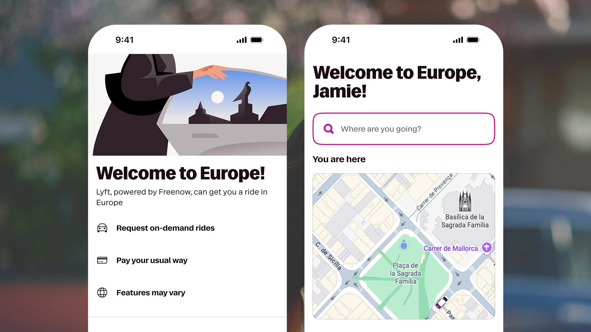 Lyft product screens welcoming a North American rider to Europe and showing a Barcelona pickup map