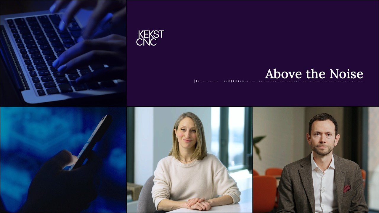 Above the Noise episode artwork featuring Lyndsey Estin and Callum Laidlaw seated for a discussion