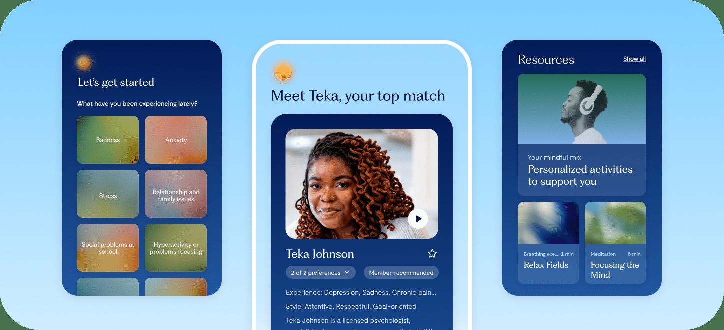 Lyra’s 2026 product screens show an intake questionnaire, a therapist match and self-care resources