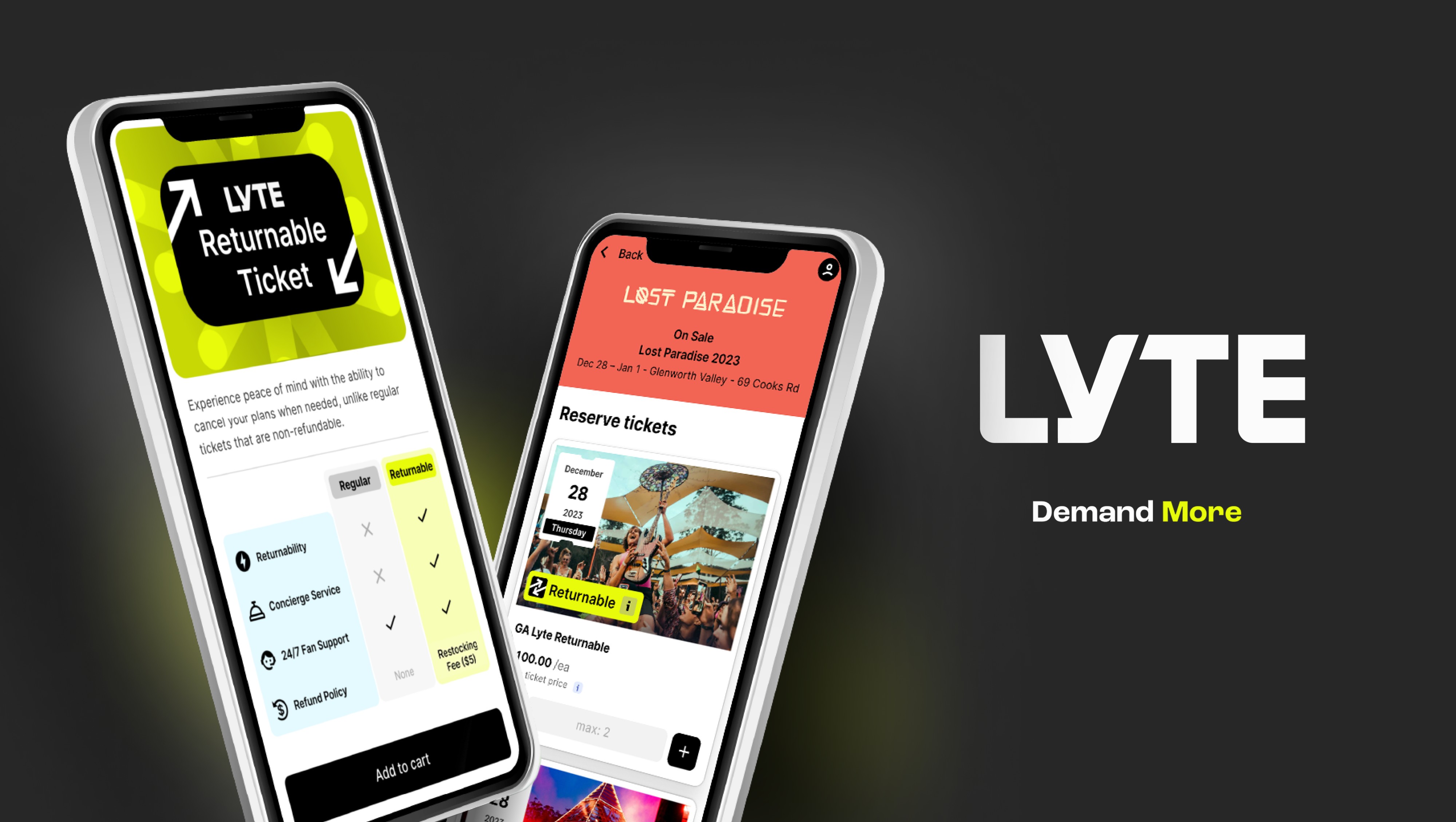 Two mobile screens showing Lyte's Returnable Ticket offer and a Lost Paradise event page