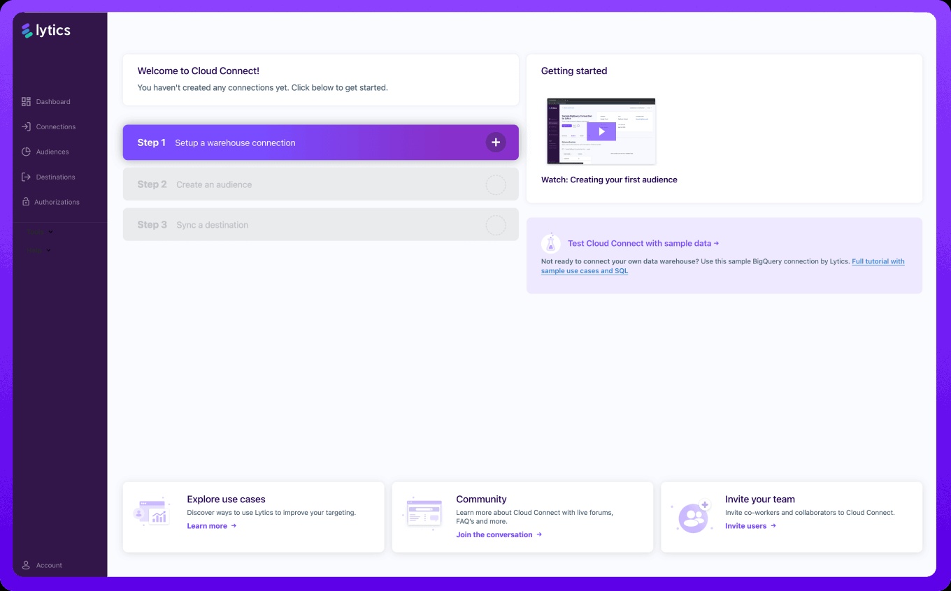 Lytics Cloud Connect dashboard showing warehouse connections and audience activation controls
