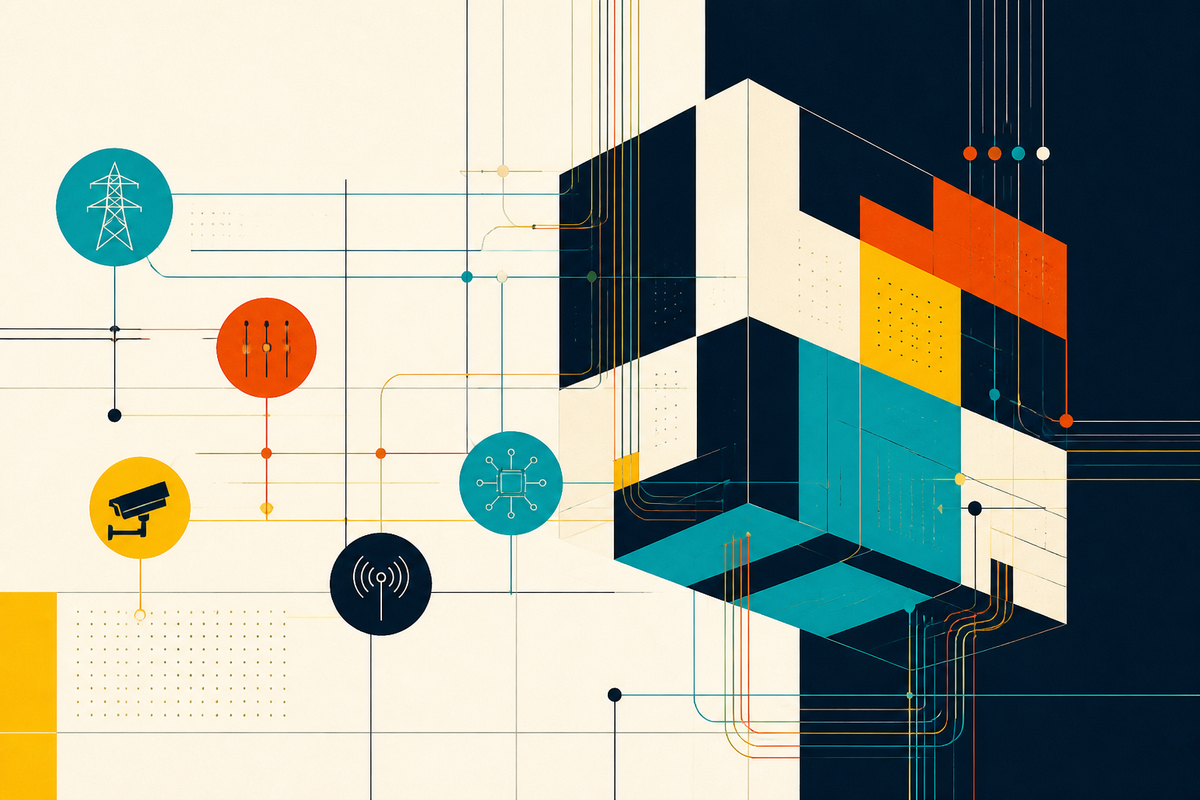 Abstract Swiss-style illustration of modular infrastructure, power lines and control nodes