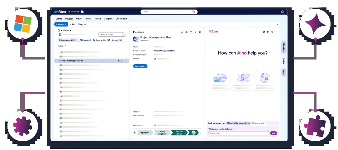 Official M-Files illustration connecting documents, workflows, governance, AI, and Microsoft 365
