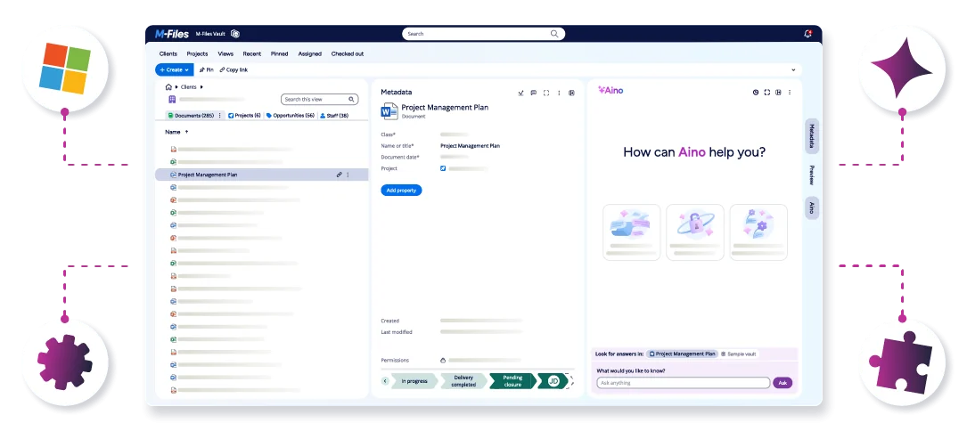 M-Files product illustration showing document metadata, workflow stages and the Aino assistant