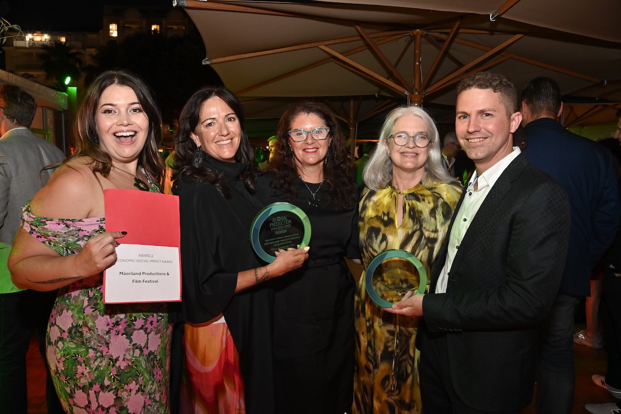Madeleine Hakaraia de Young, Libby Hakaraia, Annie Murray, Philippa Mossman and Craig Gainsborough with awards in Cannes