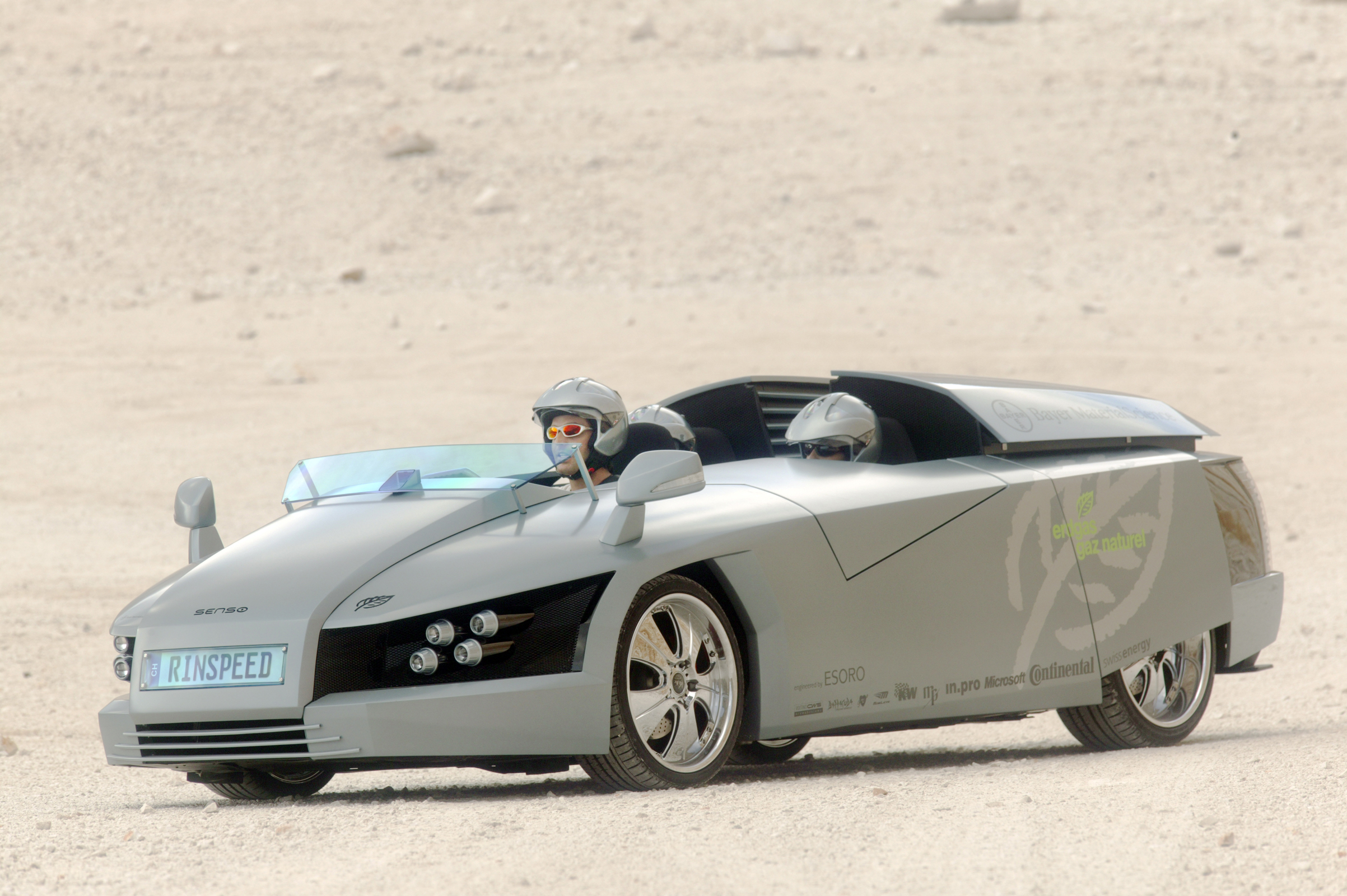Silver Rinspeed Senso concept car with its open cockpit and angular rear bodywork