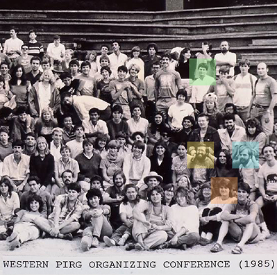 Black-and-white archival photograph of a large organizing conference, with a few faces marked by bright color blocks