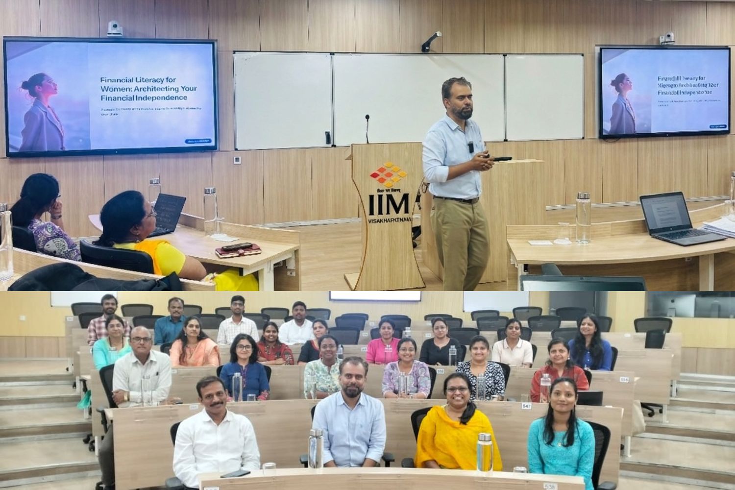 M. Shameem Jawed teaching a financial-literacy session and joining participants for a classroom group photograph at IIM Visakhapatnam