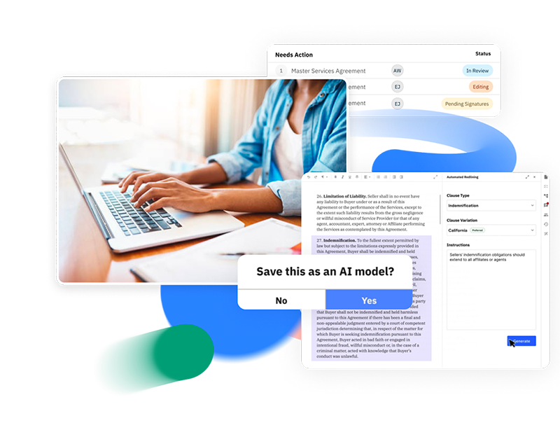 Evisort promotional artwork showing contract review, agreement status and an AI-assisted editing interface