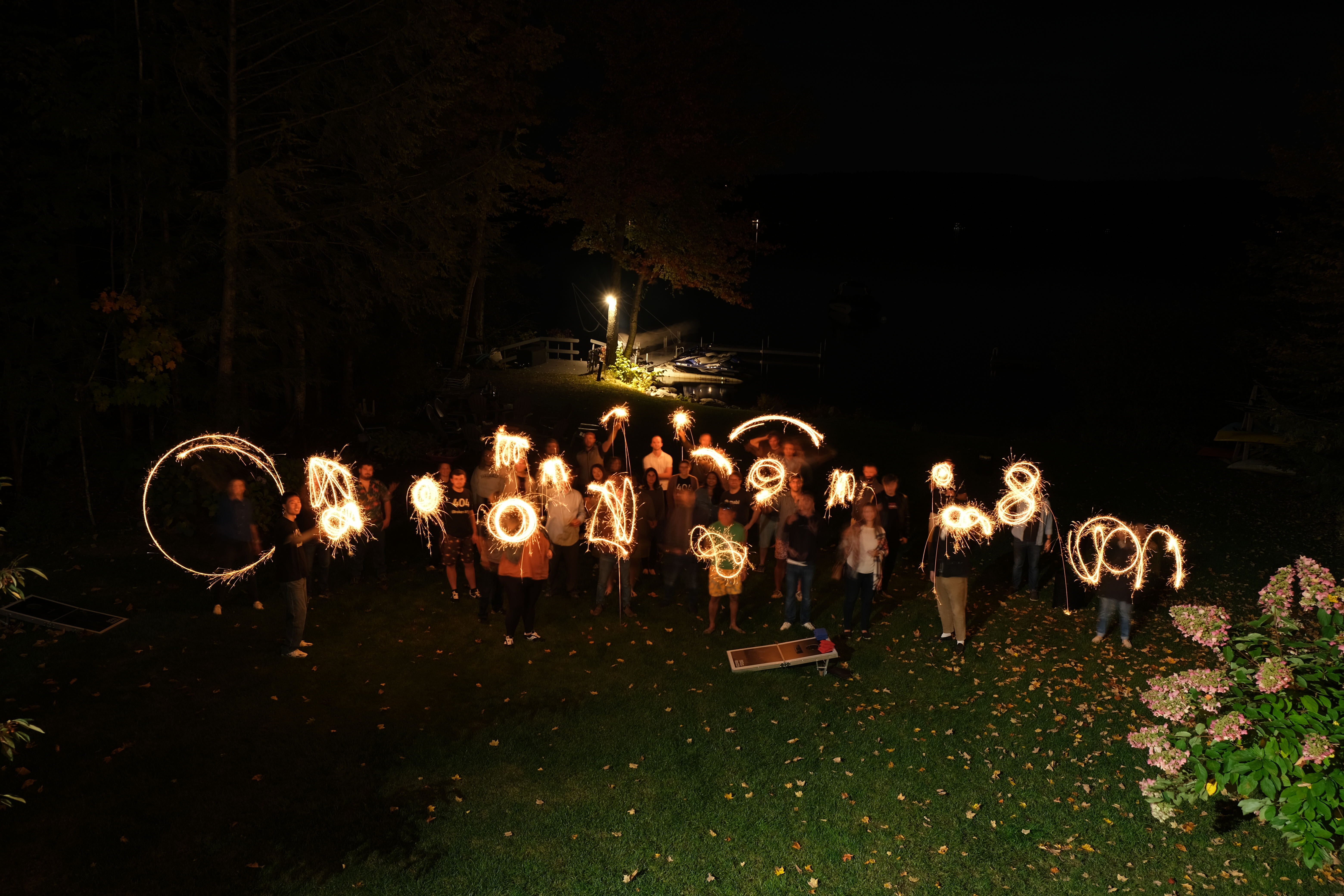 mabl team gathered outdoors at night, drawing bright trails with sparklers