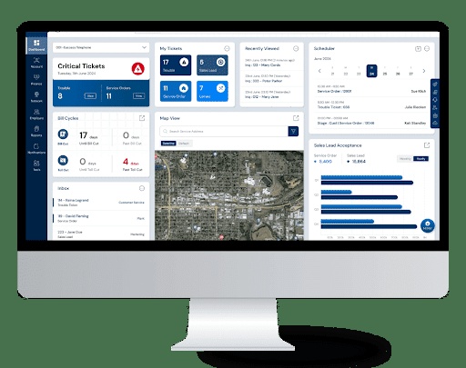 MACC ONE product mockup displaying tickets, schedules, a map and account information
