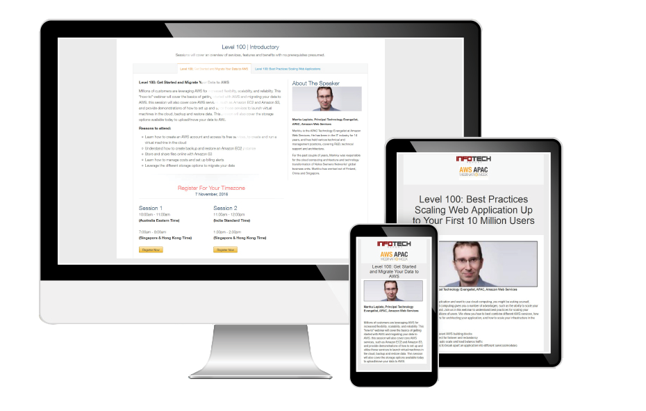 Published AWS APAC webinar campaign mockup on desktop, tablet and mobile screens