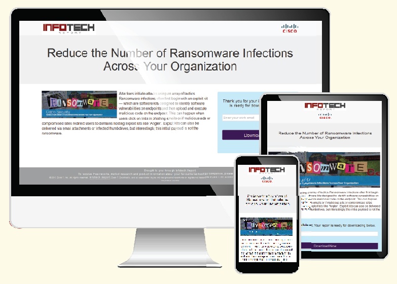 Machintel’s published Cisco campaign mockup showing an InfoTech Report landing page on three screen sizes