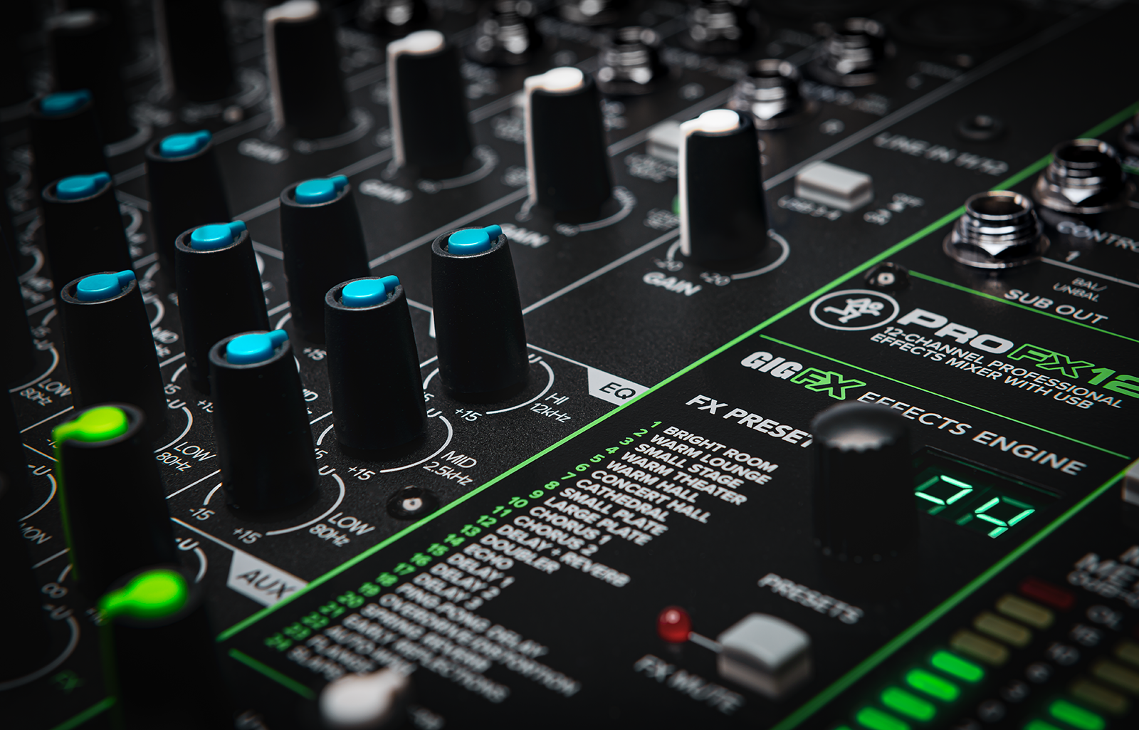 Mackie ProFX mixer top panel with illuminated controls