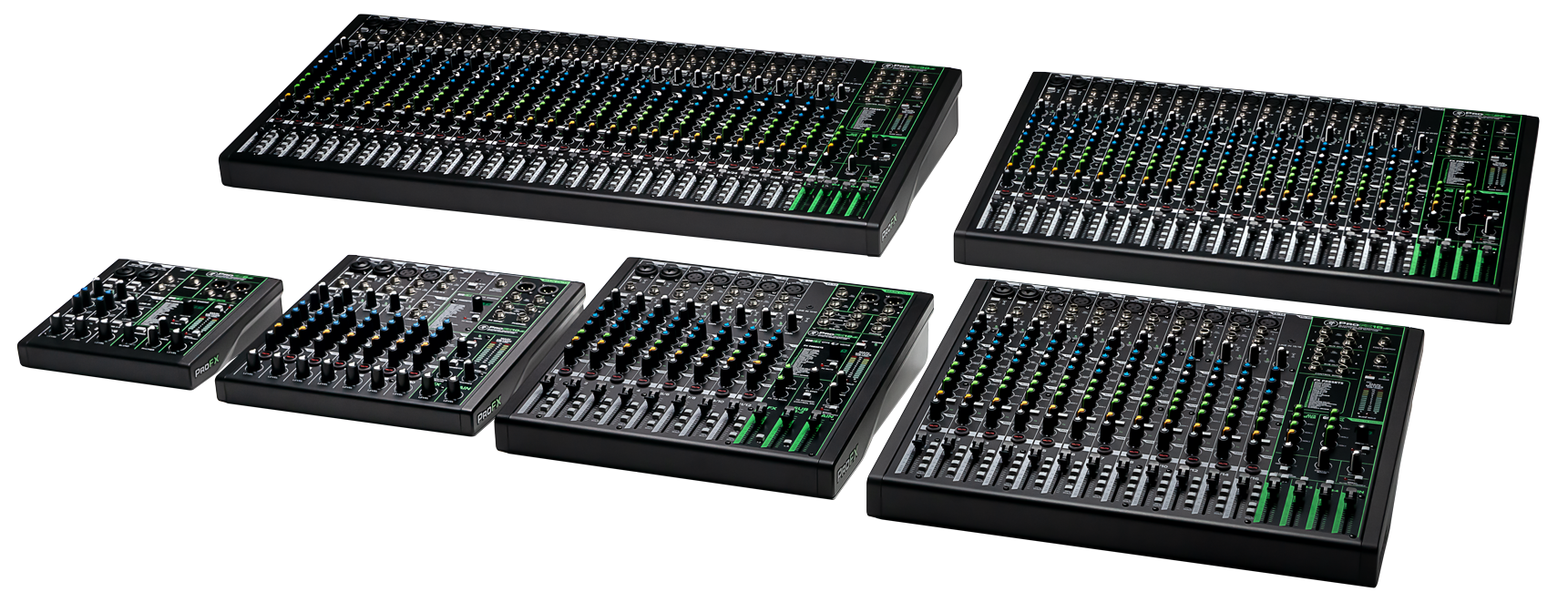A lineup of Mackie ProFX-series mixers of increasing size