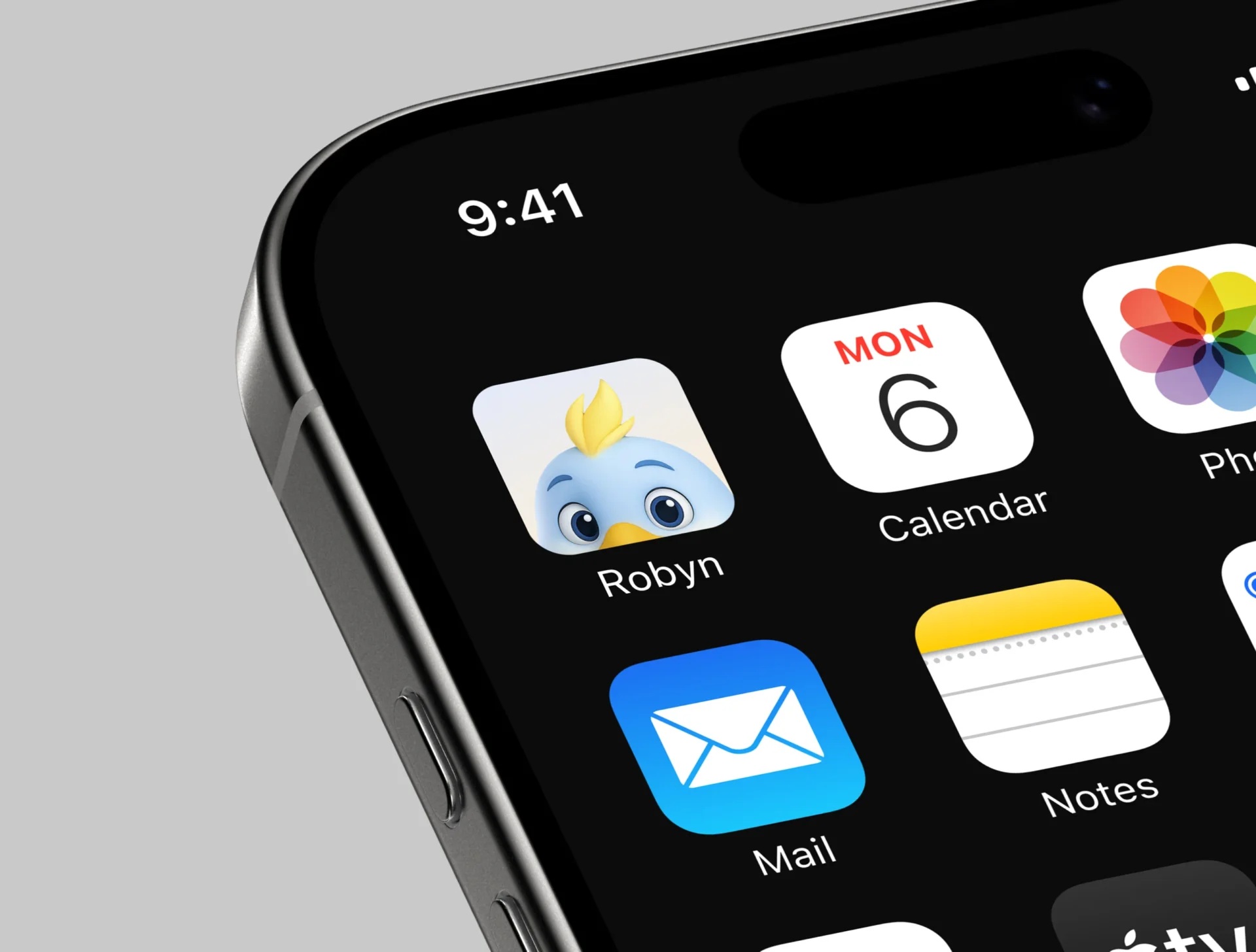 Phone mockup showing Robyn’s blue bird app icon beside the Calendar and Photos apps