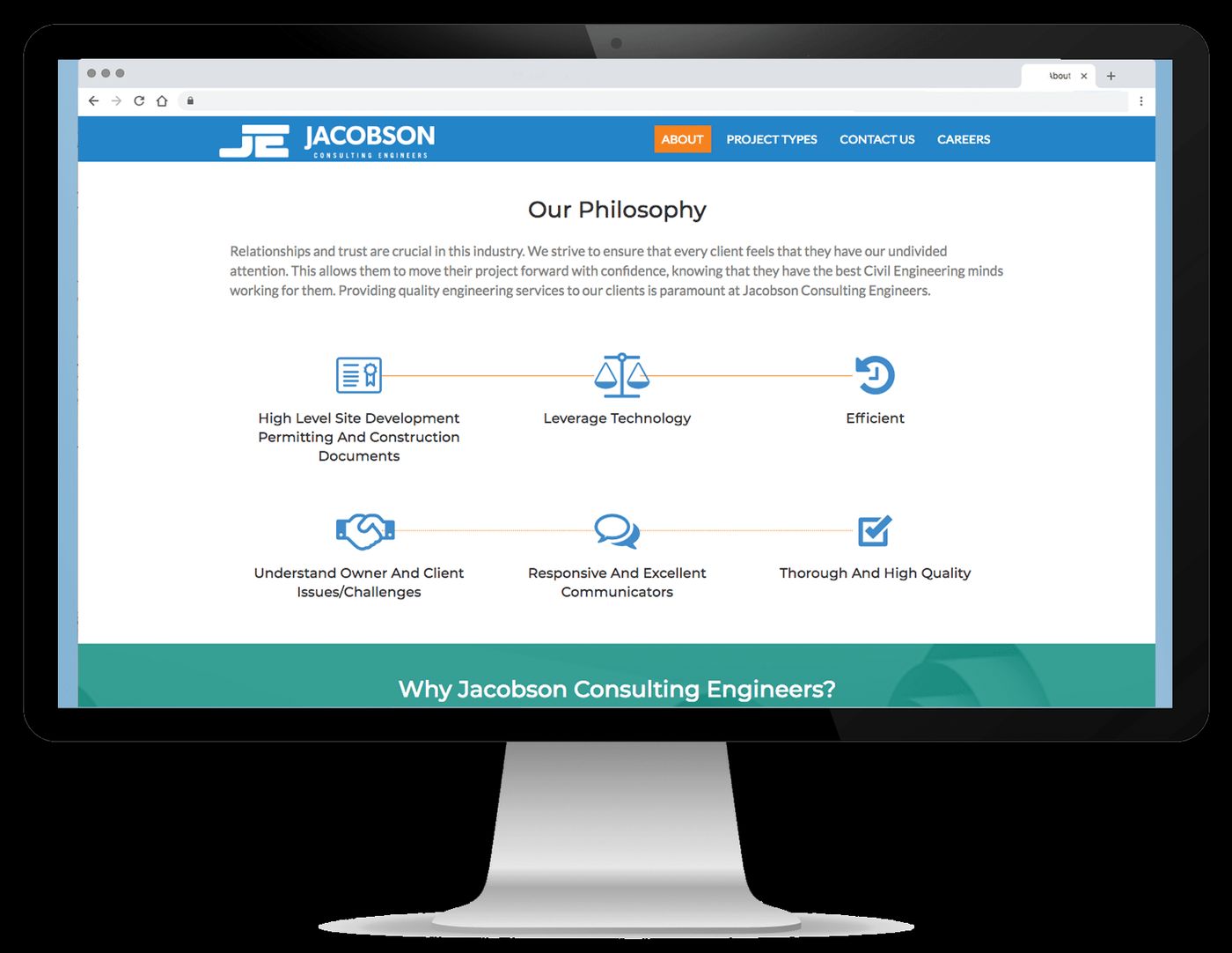 Jacobson Consulting Engineers website displayed on a desktop monitor