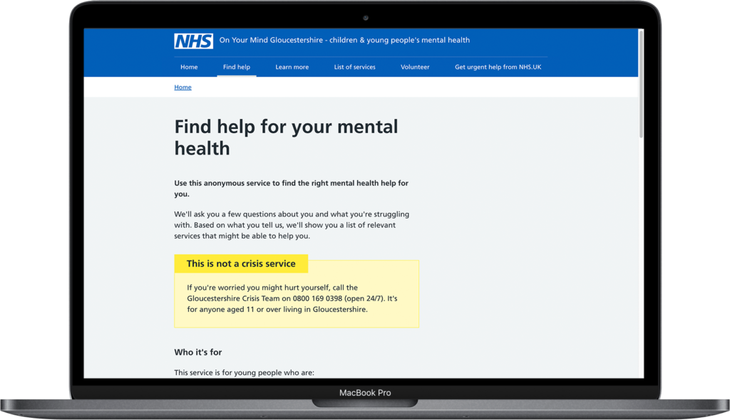 Archive screenshot of the NHS Gloucestershire support-finder showing its introductory questions and service information