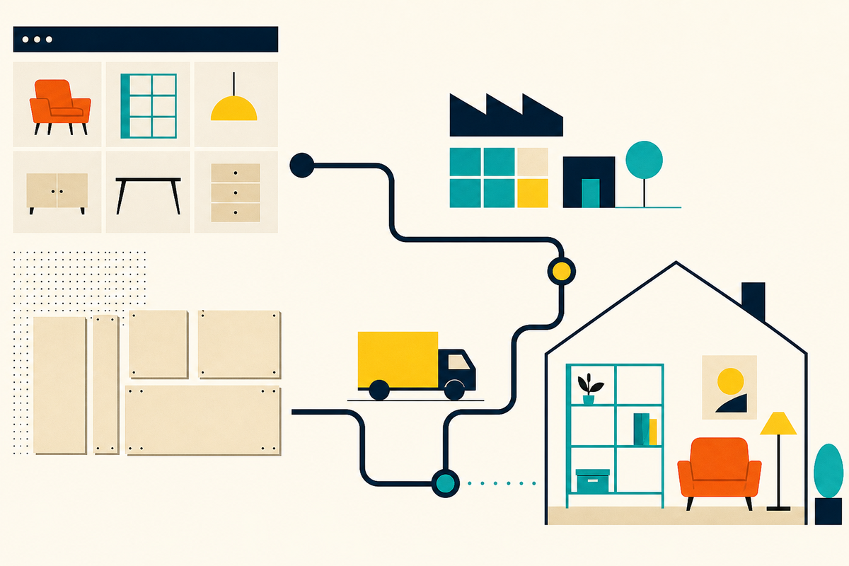 Abstract Swiss-style illustration showing furniture panels traveling through a logistics route into a furnished home
