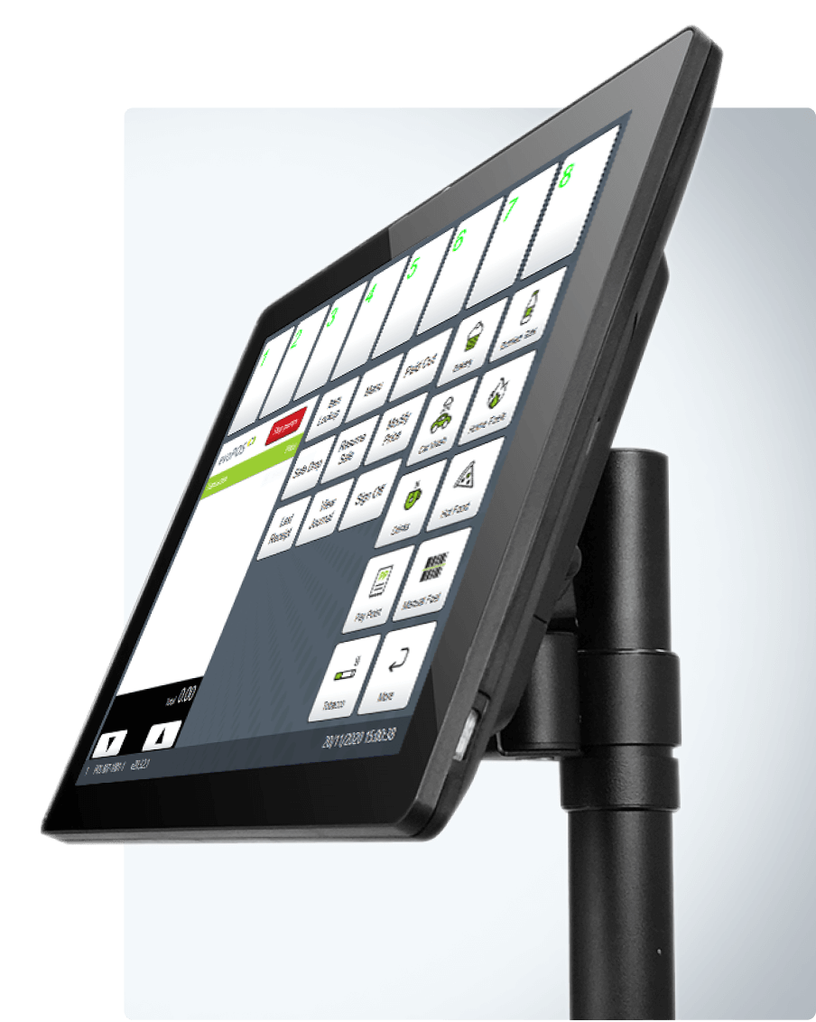 Angled evoPOS touchscreen showing fuel and shop controls