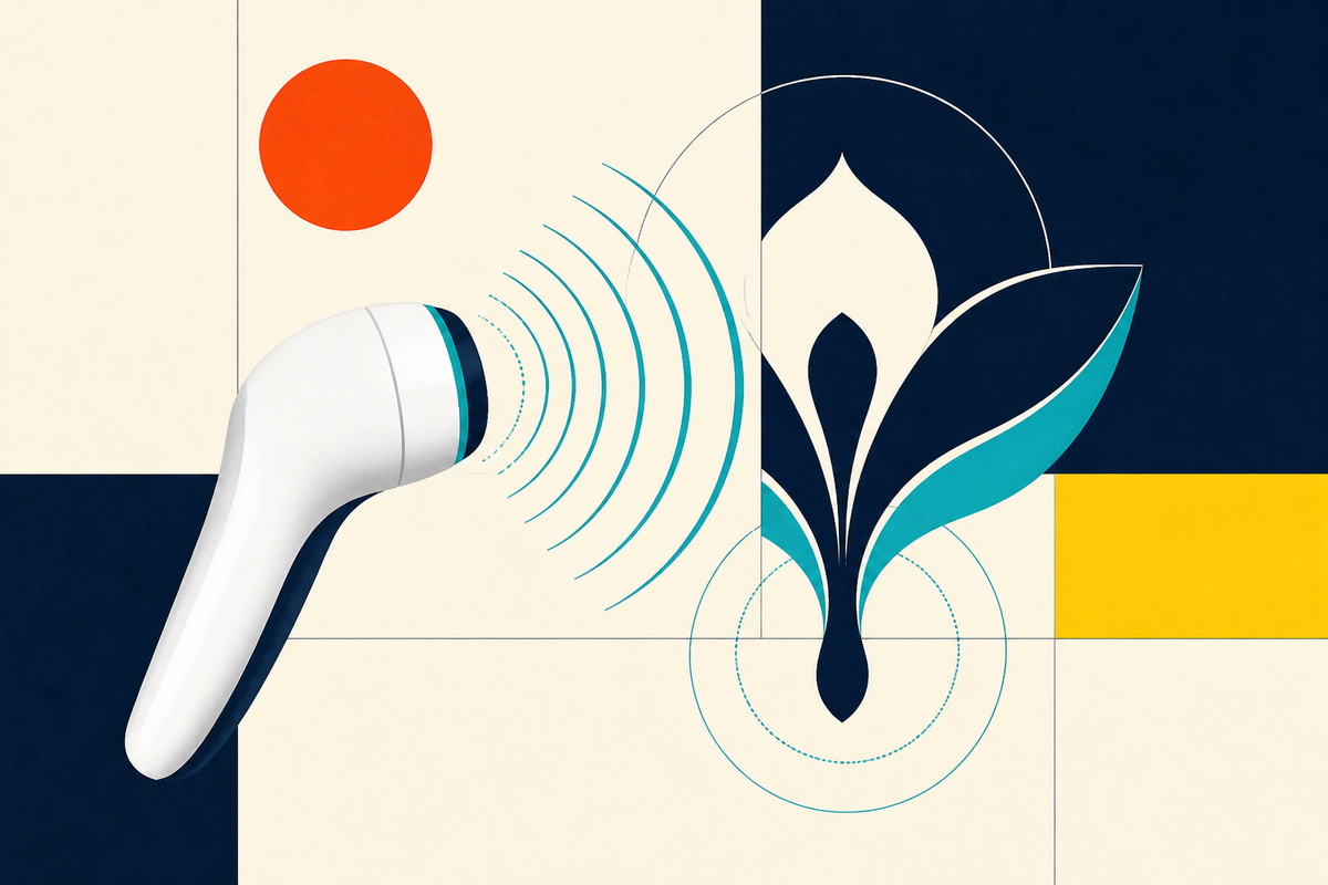 Abstract Swiss-style illustration of a handheld ultrasound device sending teal waves toward a botanical form