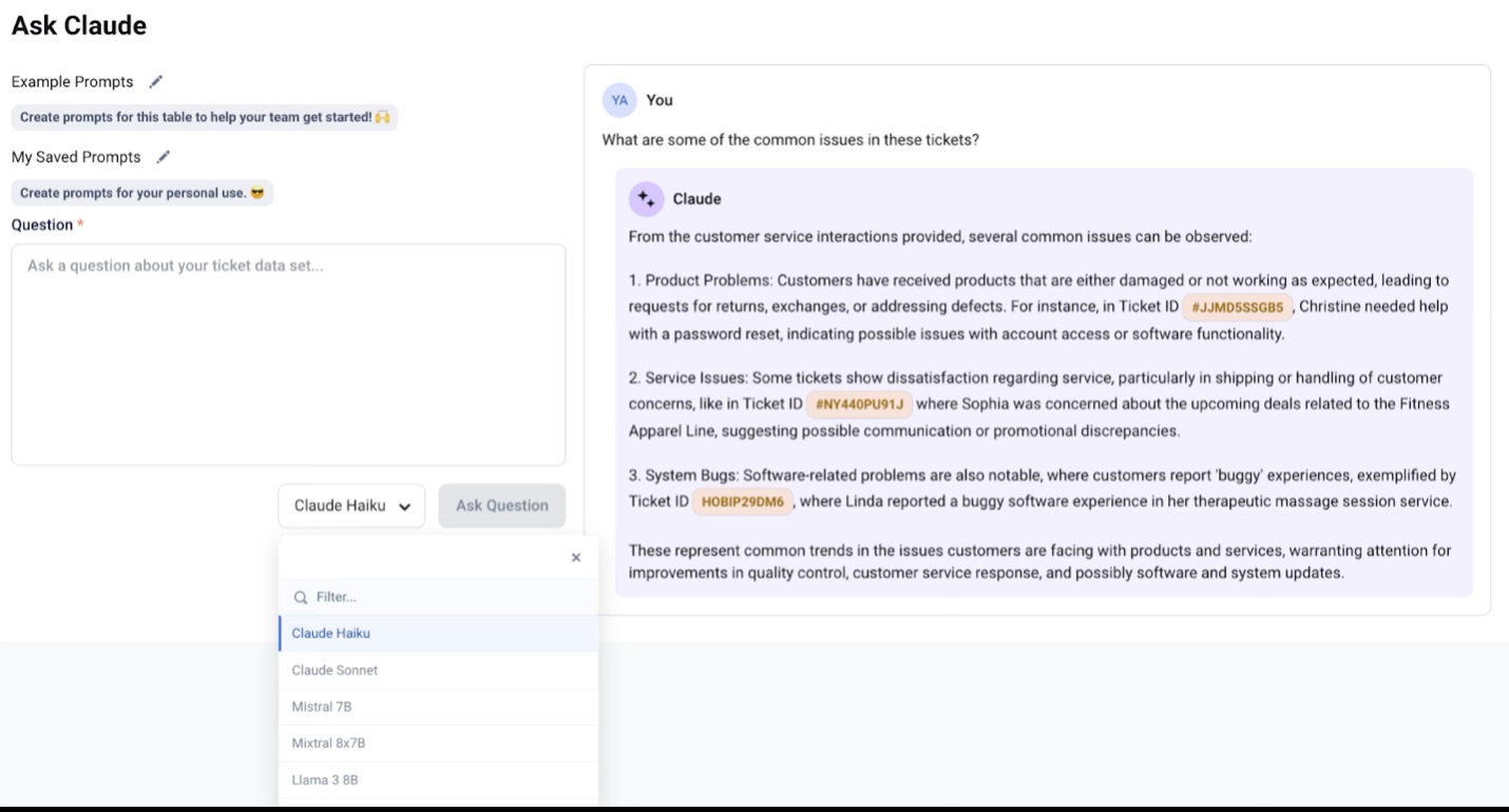 MaestroQA AskAI interface showing model choices and a question about common ticket issues