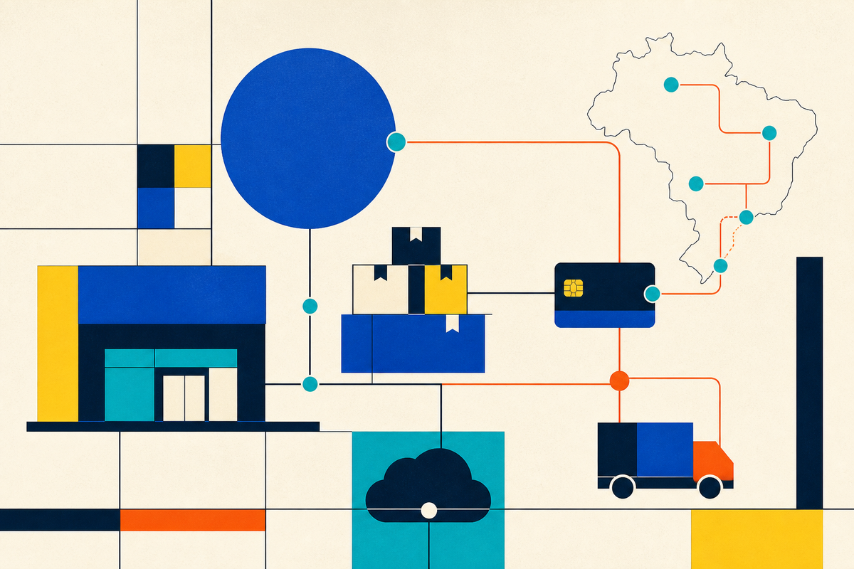 Abstract geometric illustration connecting a storefront, parcels, payment card, cloud and delivery truck across Brazil