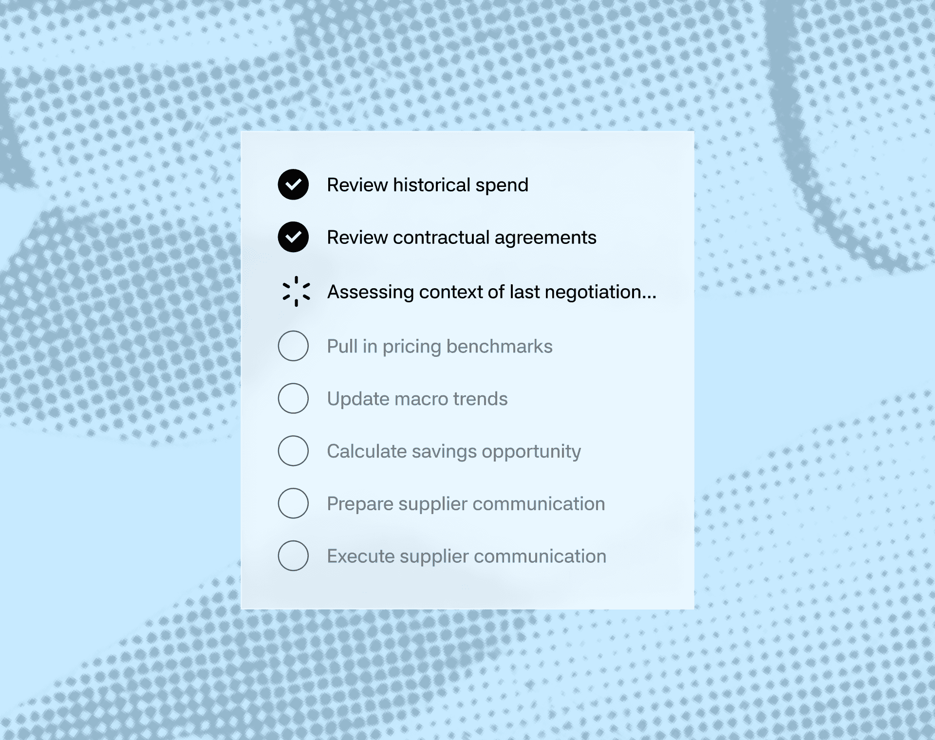 Magentic workflow illustration showing contract review, benchmarking and supplier communication steps