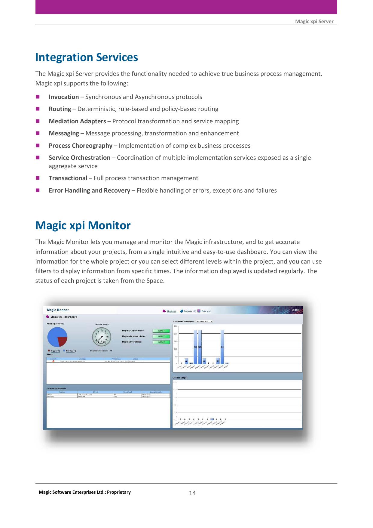 Magic xpi product overview page showing the Magic Monitor dashboard and integration controls