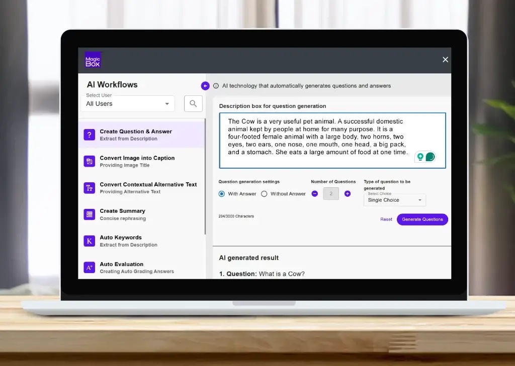 MagicBox promotional laptop mockup showing AI question-generation settings and content tools