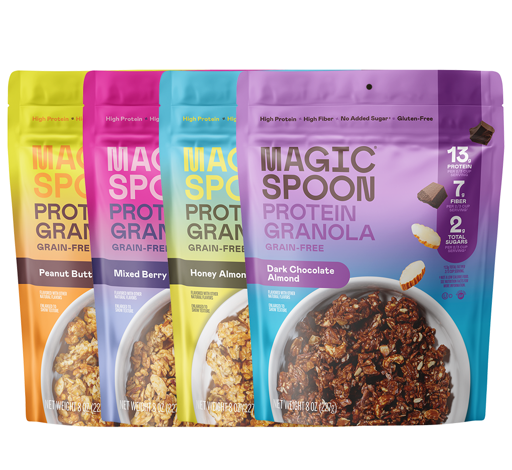 Four flavors of Magic Spoon protein granola in colorful pouches