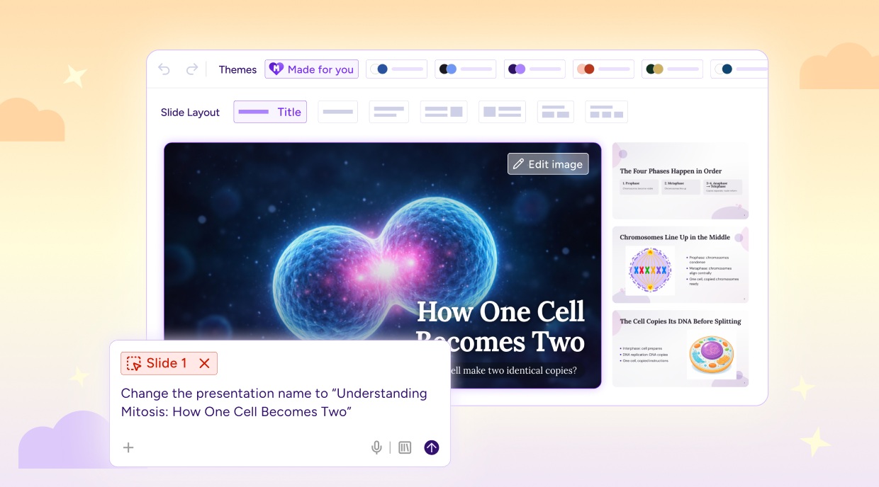 MagicSchool Presentation Generator with a mitosis slide deck and editing controls