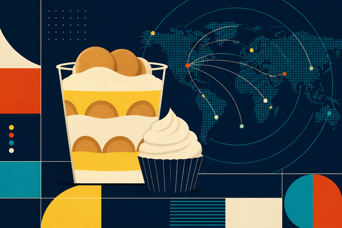 Abstract Swiss-style illustration of layered banana pudding and a cupcake connected to a global distribution map