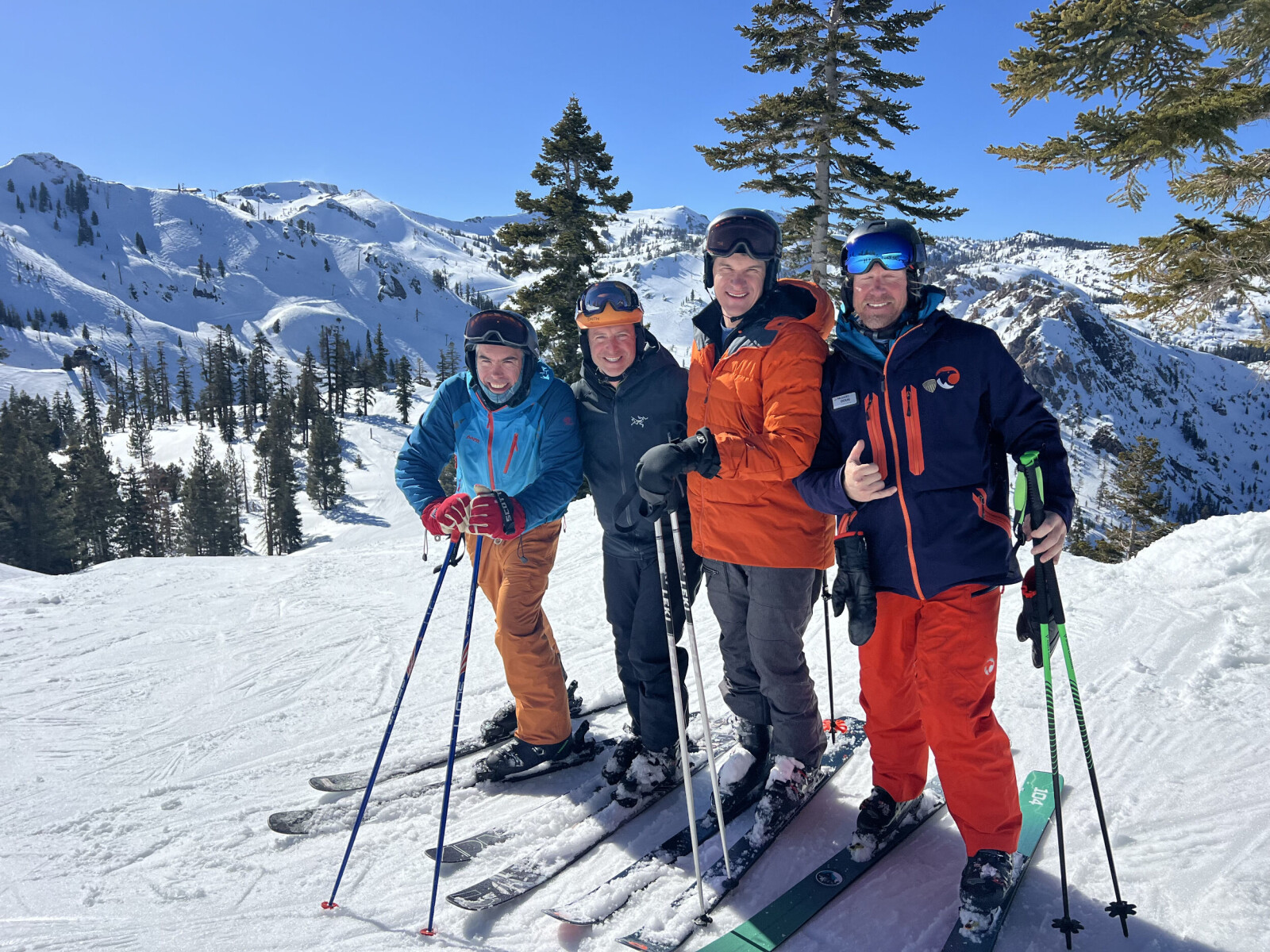 Magnus Hillestad, at far left, skiing with three companions in the snowy Tahoe mountains