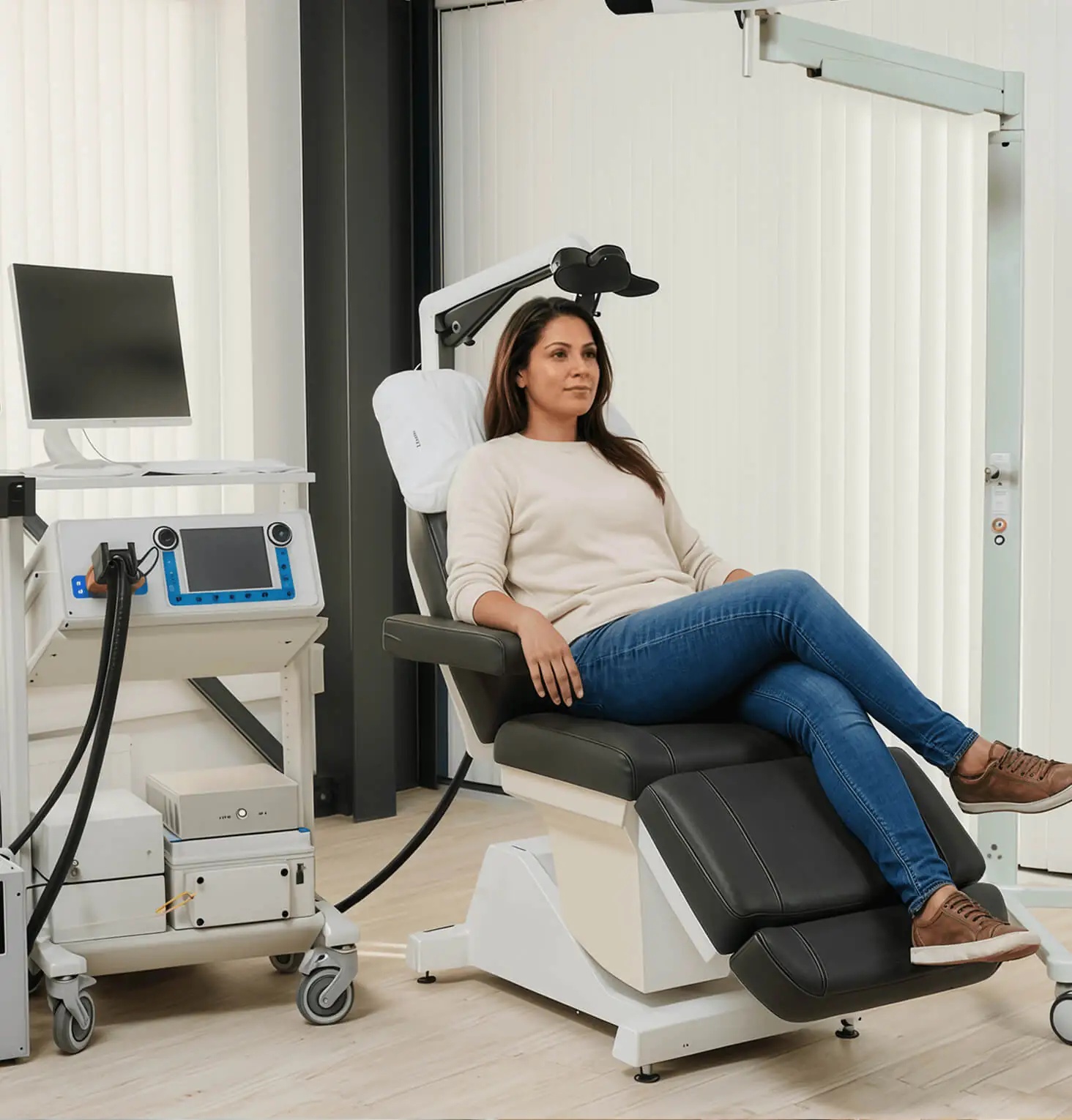 Patient seated beside SAINT stimulation equipment with a coil positioned near her head