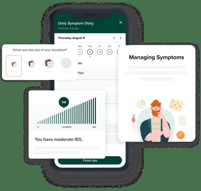Mahana IBS app screens showing a symptom diary, an IBS severity chart and a managing symptoms lesson